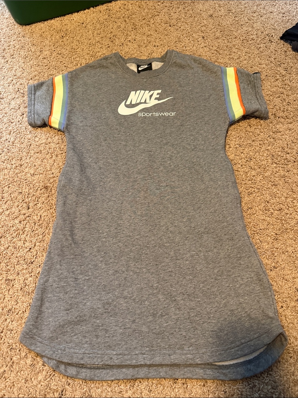 Nike Gray Short Sleeve Tee Dress with Rainbow Sleeve Stripes